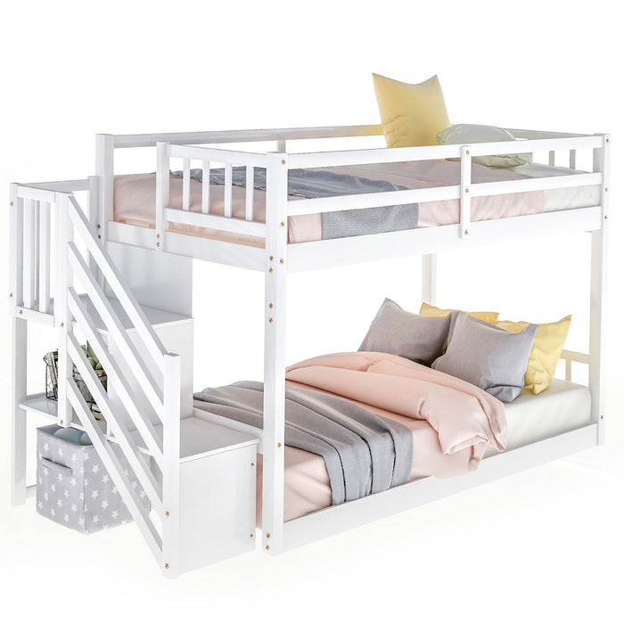 Kids Furniture - Floor Bunk Bed, Ladder With Storage