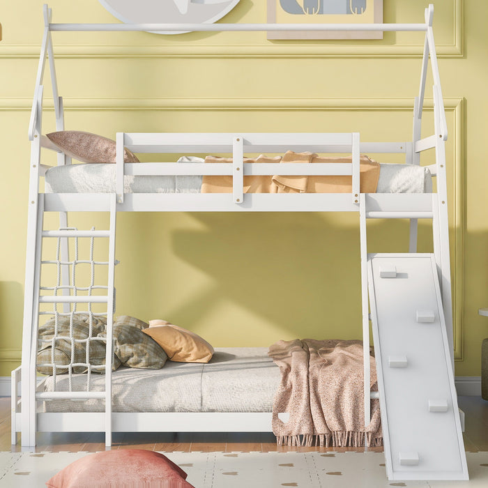 Kids Furniture - House Bunk Bed With Climbing Nets And Climbing Ramp