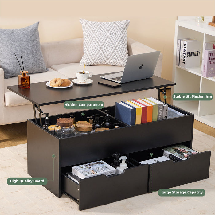 Lift-Top Coffee Table With Storage Center Tables Hidden Compartment & 2 Drawers, Sofa Table For Living Room - Black