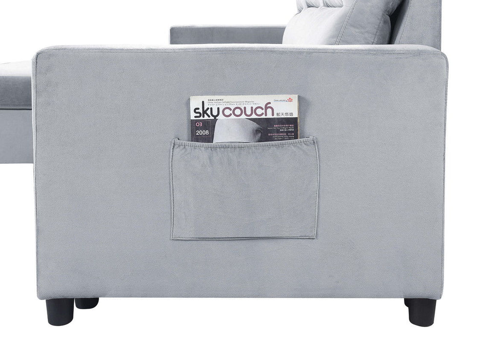 Ruby - Velvet Reversible Sleeper Sectional Sofa With Storage Chaise And Side Pocket - Light Gray