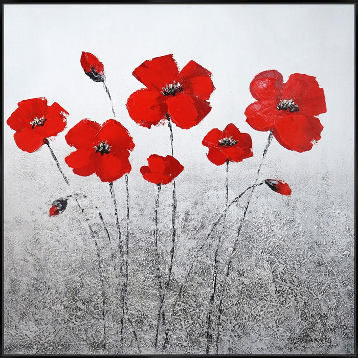 Hand Painted Textured Canvas Glitter In Frame Poppies - Red