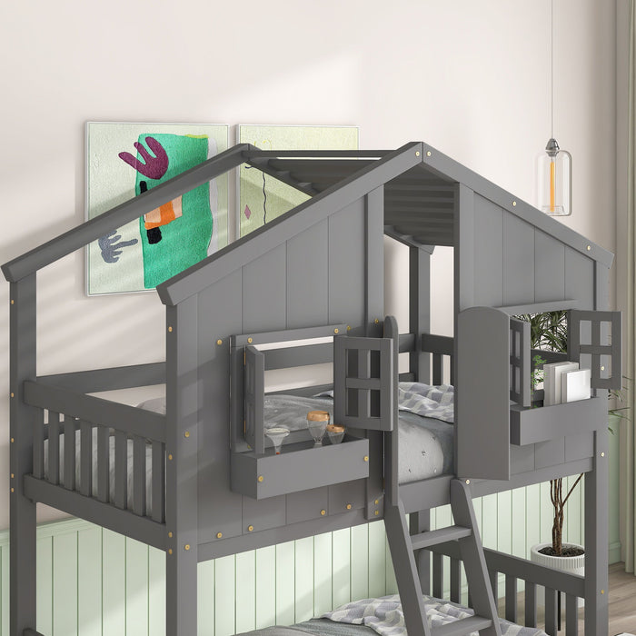 Kids Furniture - House Bunk Bed With Roof, Safety Guardrails And Ladder