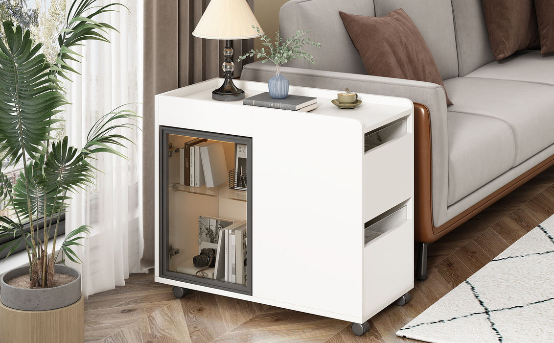 Modern End Table With Led Light And Wheels, Side Table With Transparent Brown Glass Door, 2 Storage Shelves And Drawers For Living Room