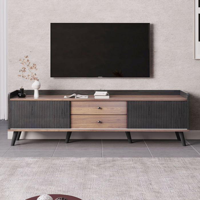 Mid Century TV Stand With 2 Cabinets & Open Compartments, Entertainment Center For Tvs Up To 70'', Television Console For Living Room - Dark Coffee / Black