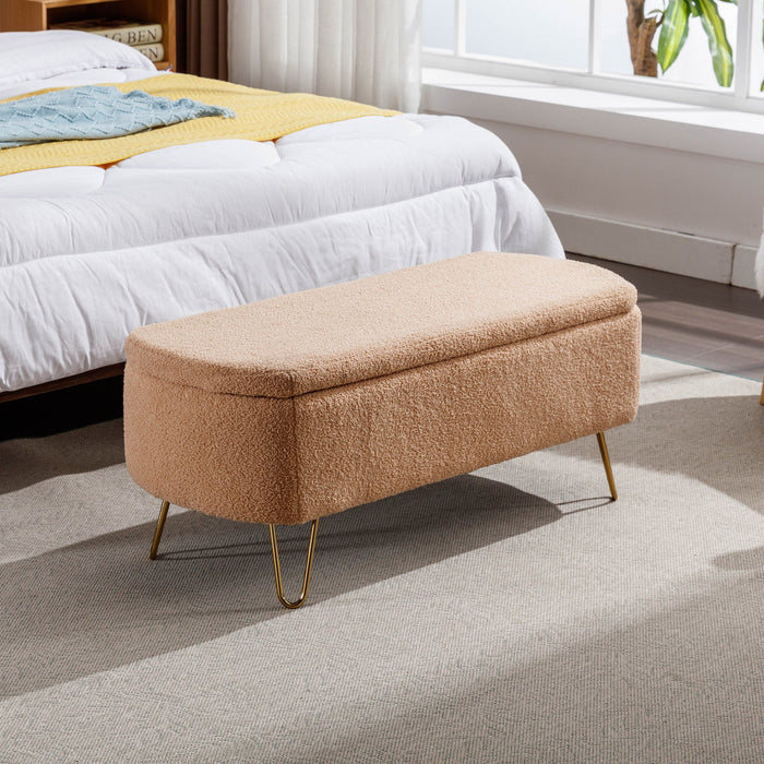 Camel Storage Ottoman Bench For End Of Bed Gold Legs, Modern Camel Faux Fur Entryway Bench Upholstered Padded With Storage For Living Room Bedroom