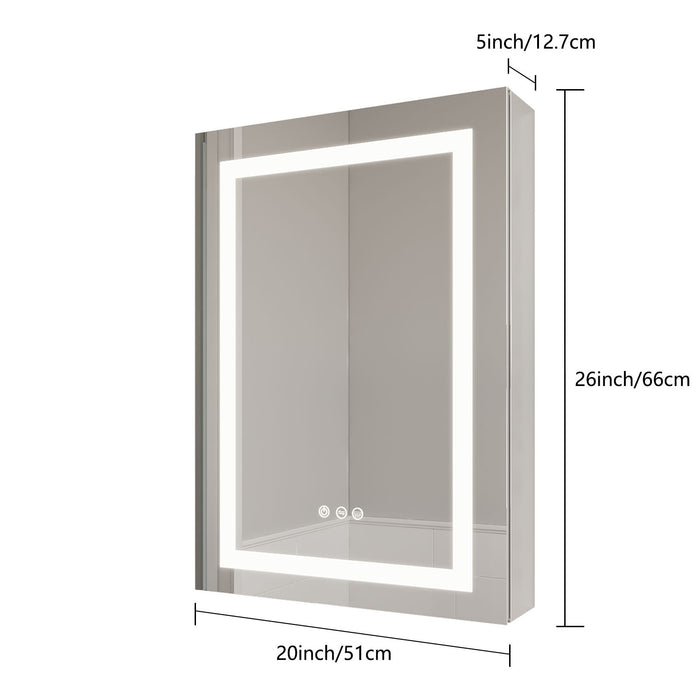 26X20" Bathroom Medicine Cabinet With LED Mirror, Anti-Fog, Waterproof, 3000K~6000K Single Door Lighted Bathroom Cabinet With Touch Swich, Dimmable, Recessed Or Surface Mount (Right Door) - Silver