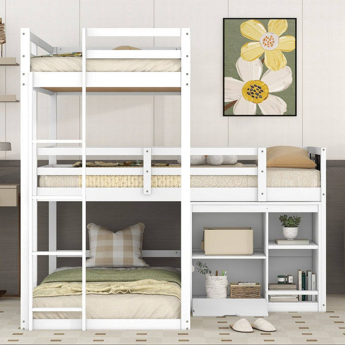L-Shaped Wood Triple Twin Size Bunk Bed With Storage Cabinet And Blackboard, Ladder - White