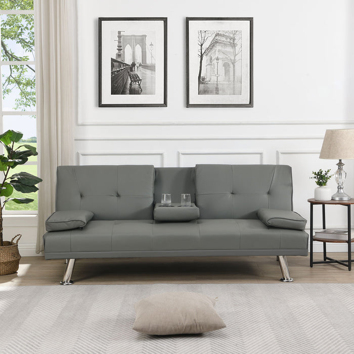 Sofa Bed With Armrest Two Holders Wood Frame, Stainless Leg, Futon Grey Pvc