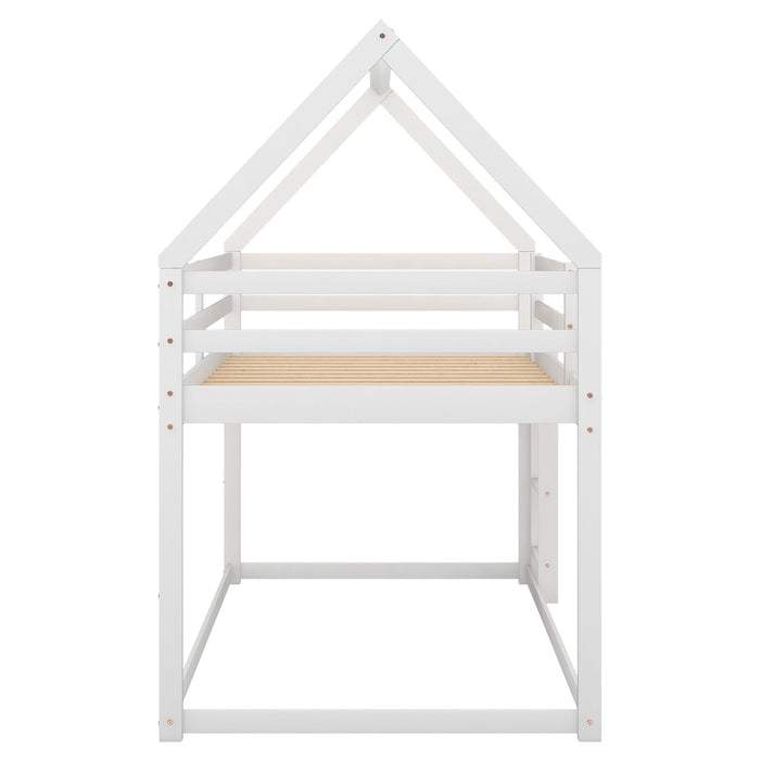 Twin Over Twin Low Bunk Bed, House Bed With Ladder - White