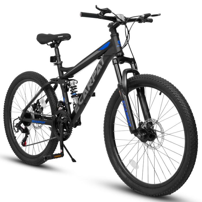 A2660 Mountain Bike 26" Wheels, 21 Speed Full Suspension Mens Womens Trail Commuter City Mountain Bike, Carbon Steel Frame Disc Brakes Thumb Shifter Front Fork Rear Shock Absorber Bicycles - Black