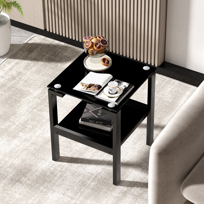 Tempered Glass End Table With 2 Layer, Small Side Table For Living Room - Black