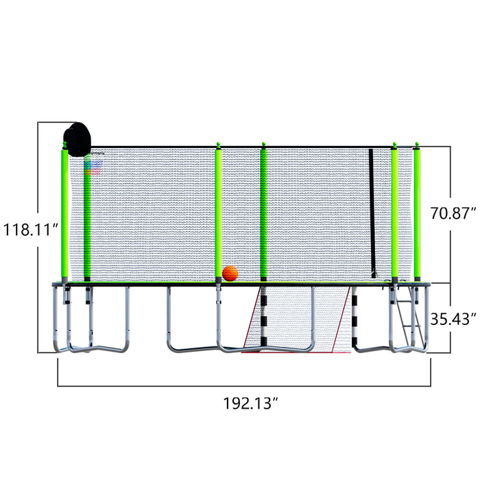 16 Ft Trampoline With Basketball Hoop Pump And Ladder (Inner Safety Enclosure) With So CCer Goal Green