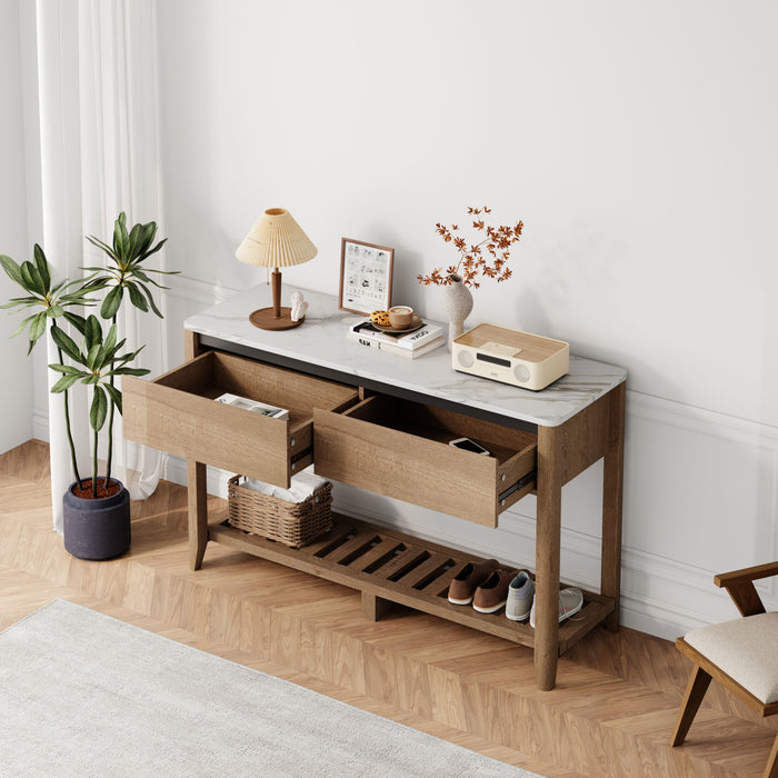 Modern Farmhouse Double Drawers Console Table For Living Room Or Entryway, Tobacco Wood And White Marble Texture