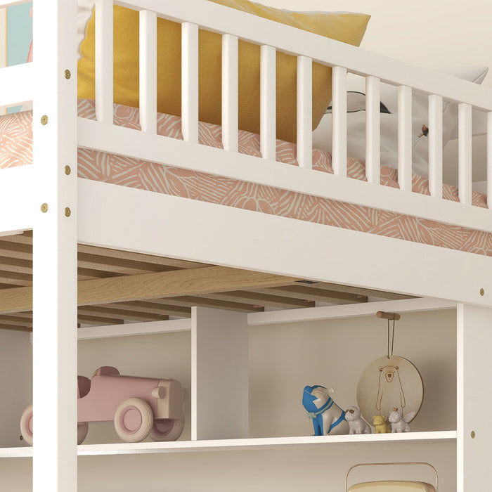 Full Size Loft Bed With Built-In Desk, Bookshelves And Storage Staircase - White