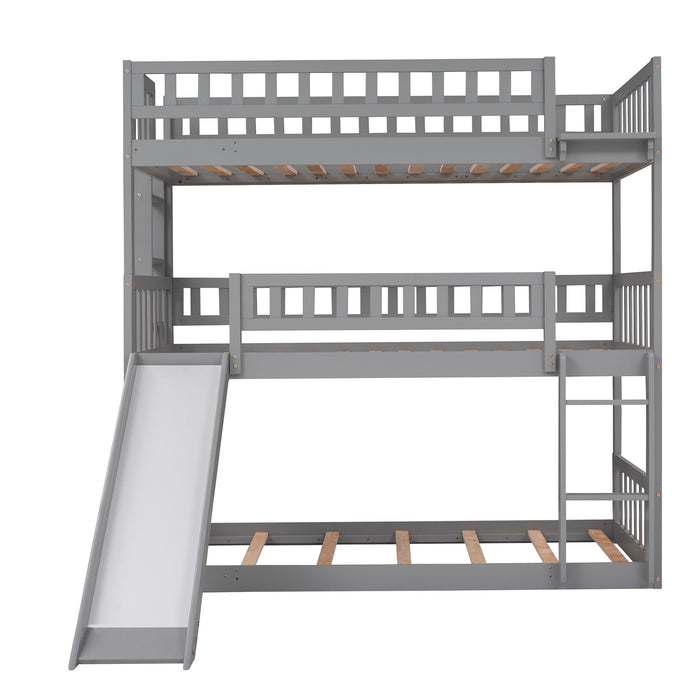 Kids Furniture - Triple Bed With Built-In Ladder And Slide, Triple Bunk Bed With Guardrails
