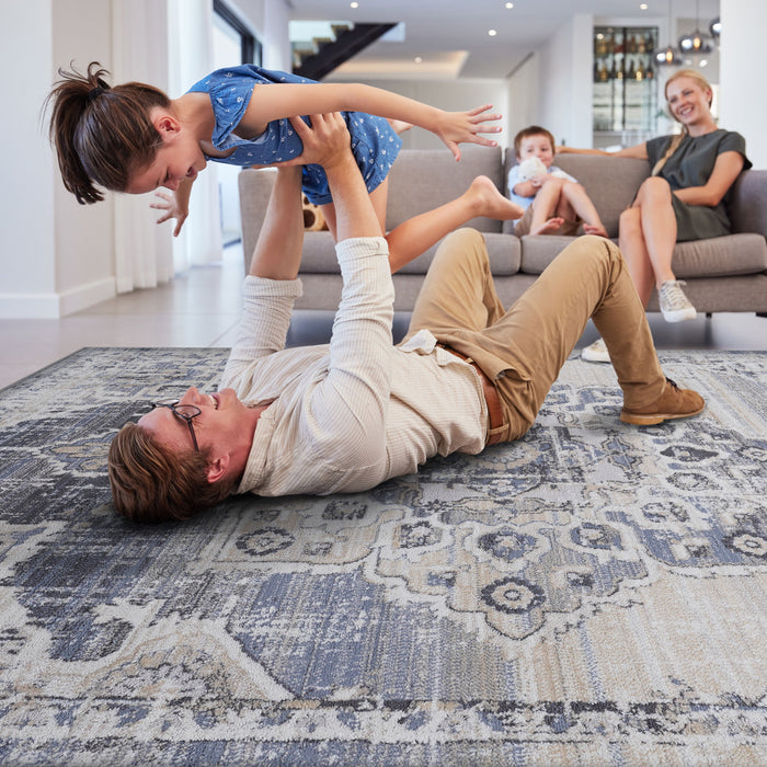 6' x 9' Medallion Non-Shedding Living Room Bedroom Dining Home Office Stylish And Stain Resistant Area Rug - Cream / Blue