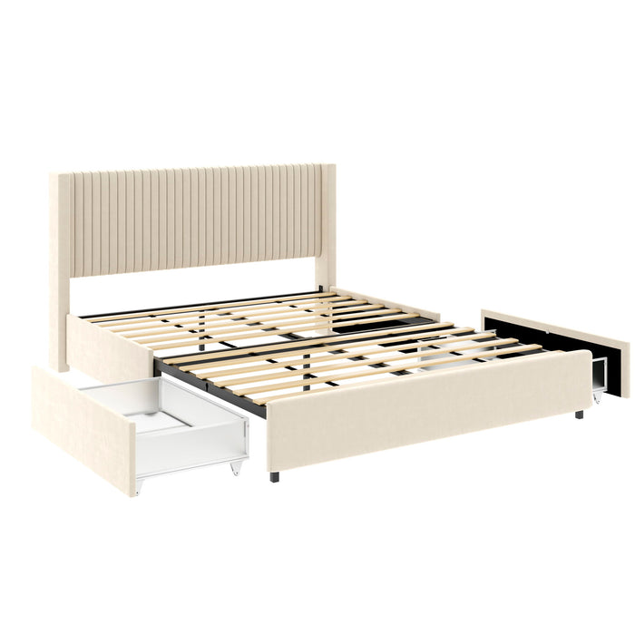 Anna - Upholstered Wingback Platform Bed With 4 Drawers Storage