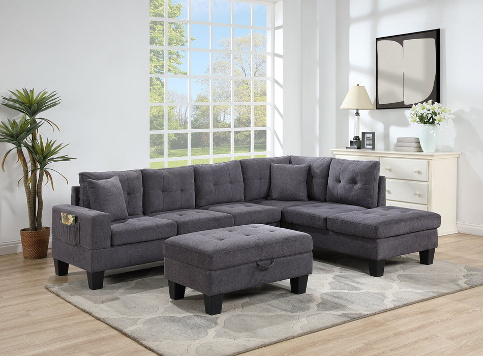 Briscoe - Wide Woven Fabric Reversible Sectional Sofa With Dropdown Table, Charging Ports, Cupholders, Storage Ottoman, And Pillows - Dark Gray