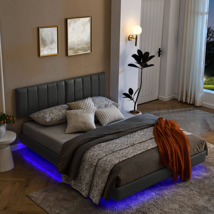 Queen Floating Bed Frame with LED Lights and Wall Mounted Headboard - Grey