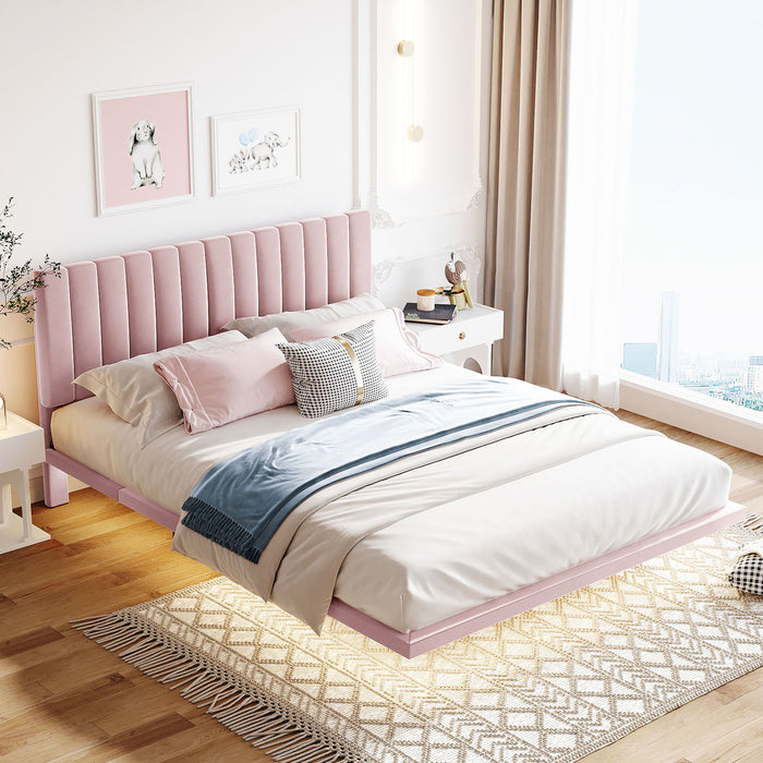 Queen Size Upholstered Bed With Sensor Light And Headboard, Floating Velvet Platform Bed - Pink