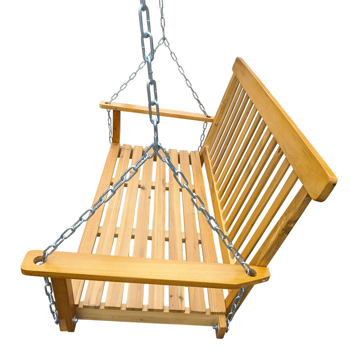 Front Porch Swing With Armrests, Wood Bench Swing With Hanging Chains, For Outdoor Patio, Garden Yard, Porch, Backyard, Or Sunroom, Easy To Assemble, Teak