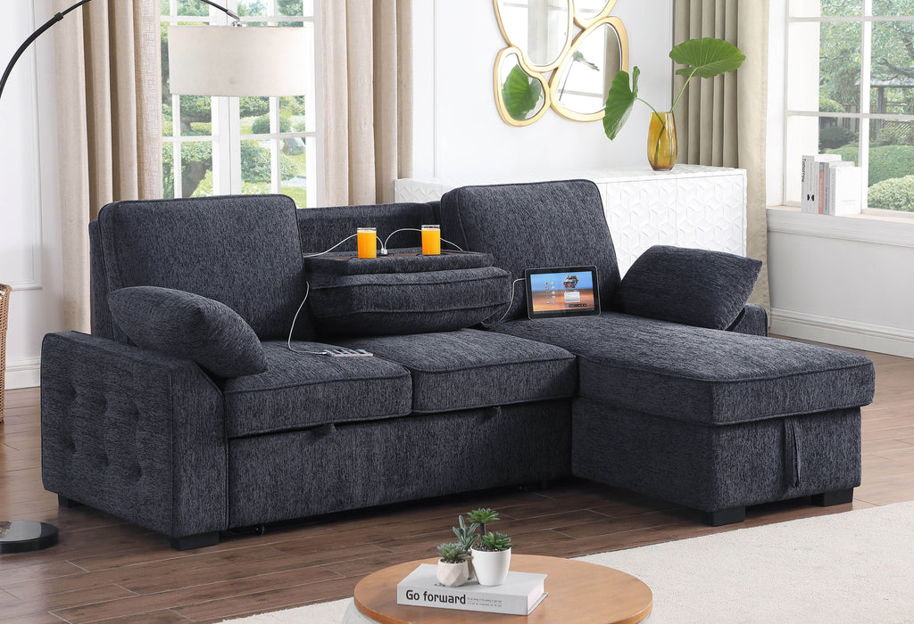 Mackenzie - Chenille Fabric Reversible Sleeper Sectional With Right-Facing Storage Chaise - Dark Gray