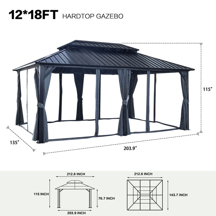 12X18' Hardtop Gazebo With Nettings And Curtains, Heavy Duty Double Roof Galvanized Steel Outdoor Combined Of Vertical Stripes Roof For Patio, Backyard - Black