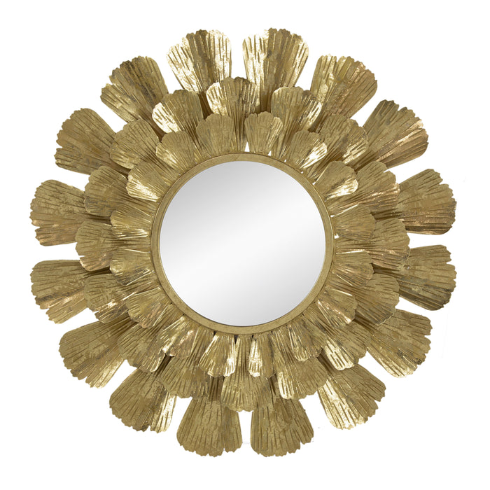 Round Metal Mirror With Trumpet Vine Motif - Gold