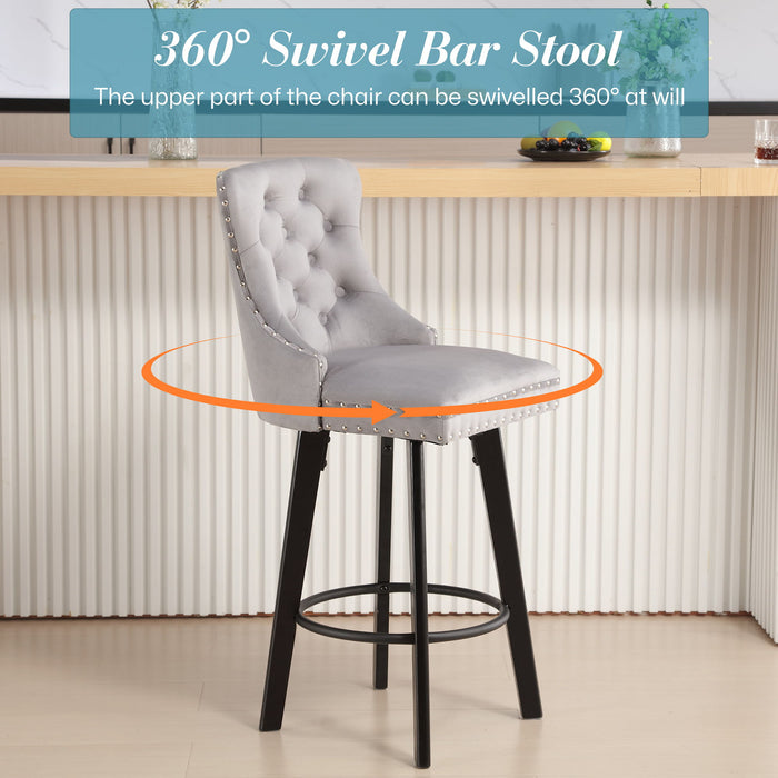 Ts - Modern Swivel Bar Stool Velvet Barstools Button Tufted Bar Stools Rivet Trim Bar Stools For Kitchen Island, Bistro, With Metal Pull Ring Sturdy Footrest Large Backrest For Home Bar