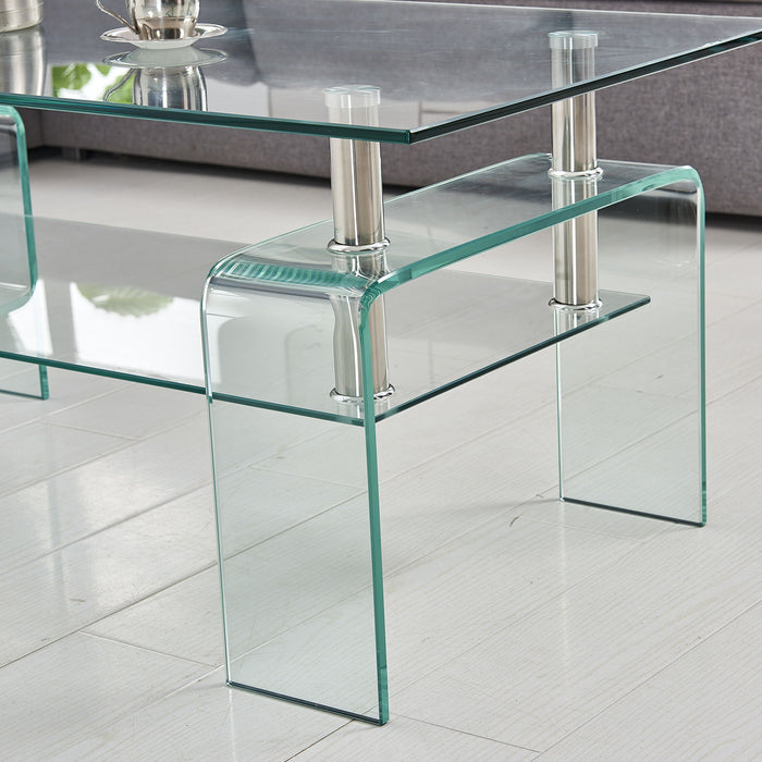 Rectangle Clear Glass Coffee Table, Modern Glass Coffee Table For Living Room, 2 Tier Storage Center Coffee Table, Tempered Glass Tea Table - Transparent