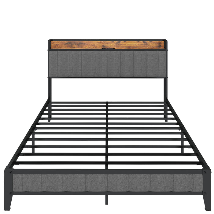 Queen Size Bed Frame with Charging Station, Upholstered Headboard, Metal Platform, Grey