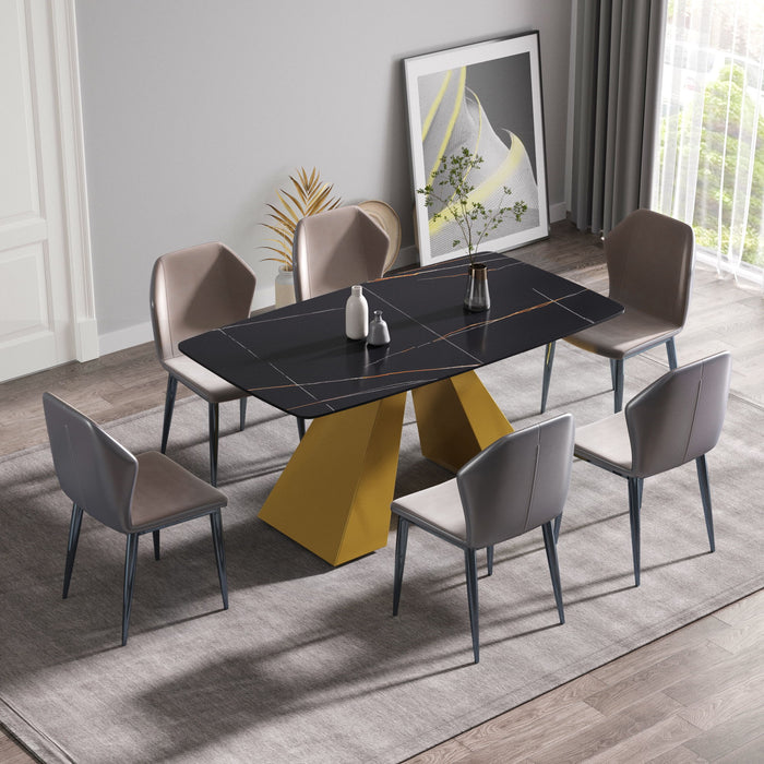 63" Artificial Stone Black Curved Golden Metal Leg Dining Table, 6 People - Black / Gold