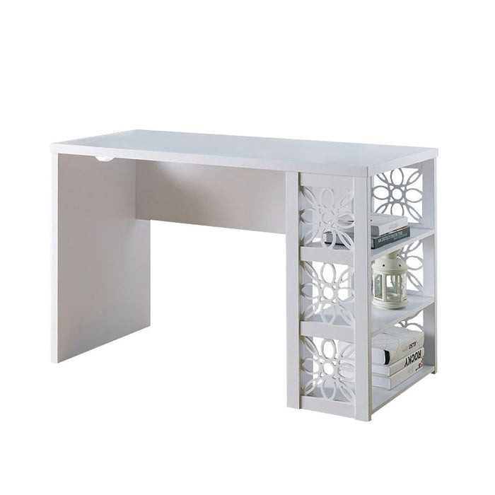 Desk With Attached Bookcase With Stamped Out Flower Design Finished On The Backside - White