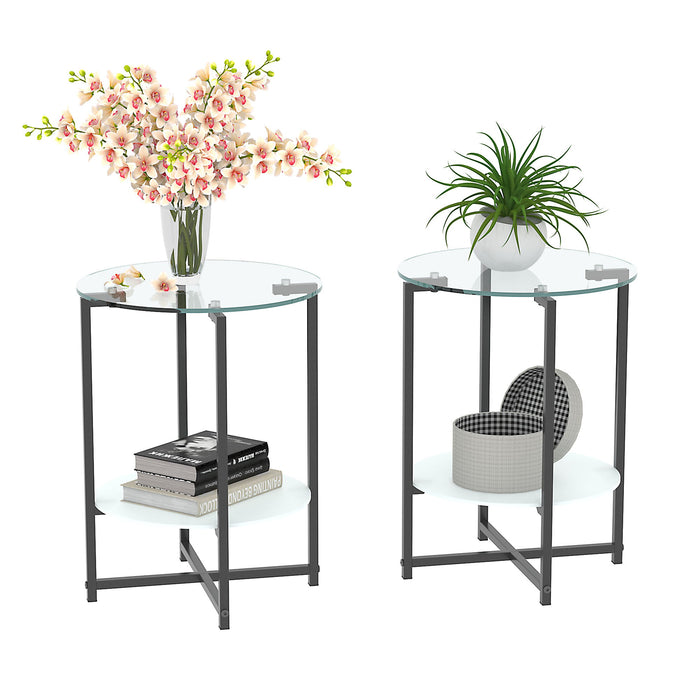 Tempered Glass End Tables (Set of 2), Round Coffee Tables For Living Room - White / Black