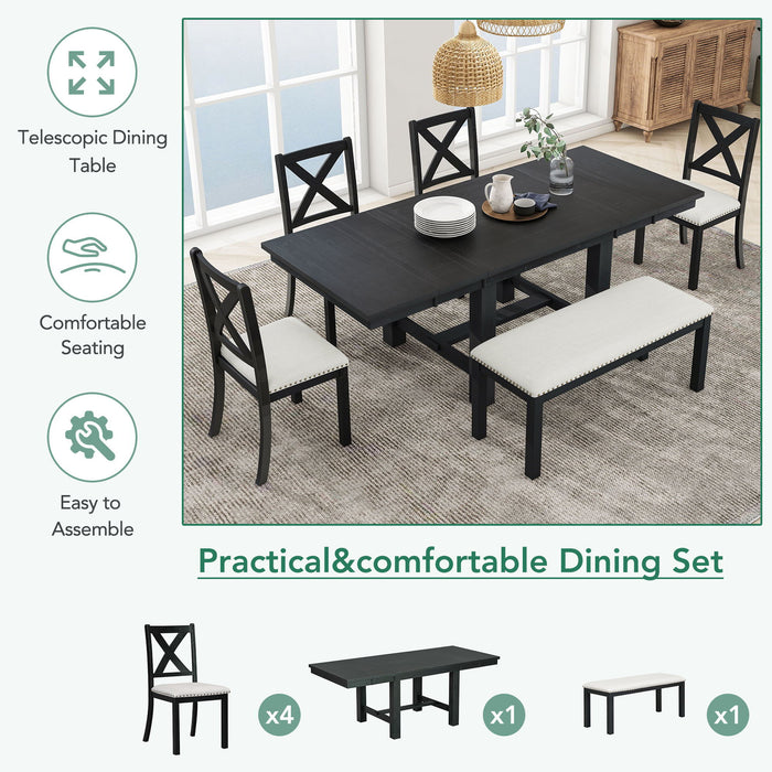 Topmax - 6 Piece Farmhouse Extendable Dining Table With Footrest, 4 Upholstered Dining Chairs And Dining Bench, Two 11" Removable Leaf