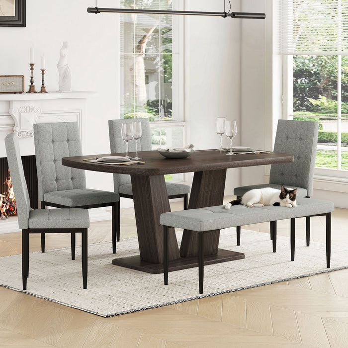 6 Piece Dining Table Set For 6, Table With V-Shaped Legs And 4 Upholstered Chairs & Bench, Modern Dining Room Set For Kitchen, Dining Room - Gray