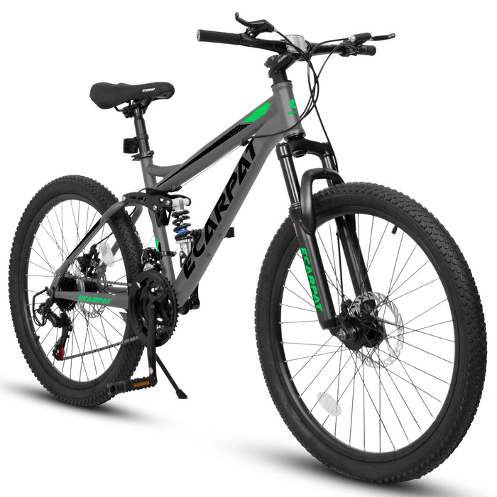 A2660 Mountain Bike 26" Wheels, 21 Speed Full Suspension Mens Womens Trail Commuter City Mountain Bike, Carbon Steel Frame Disc Brakes Thumb Shifter Front Fork Rear Shock Absorber Bicycles - Gray