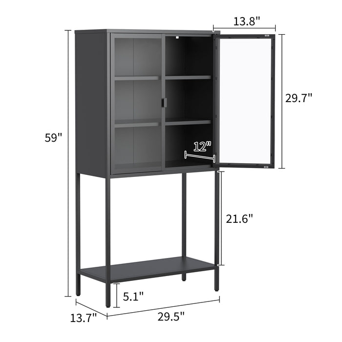 Heavy Duty Metal Storage Cabinet, Sideboards & Buffet, Display Storage Cabinet With Glass Doors And 2 Adjustable Shelves, Tall Bookcase Modern Bookshelf Cabinet For Home Office, Living Room - Black