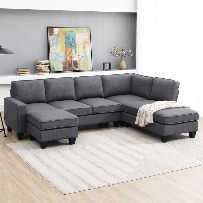 Modern L-Shaped Sectional Sofa, 7-Seat Linen Fabric Couch Set With Chaise Lounge And Convertible Ottoman For Living Room, Apartment, Office