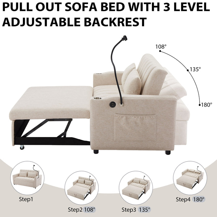 Convertible Sofa Bed Loveseat Sofa With Three USB Ports, Two Side Pockets, Two Cup Holders And 360° swivel Phone Holder For Living Room