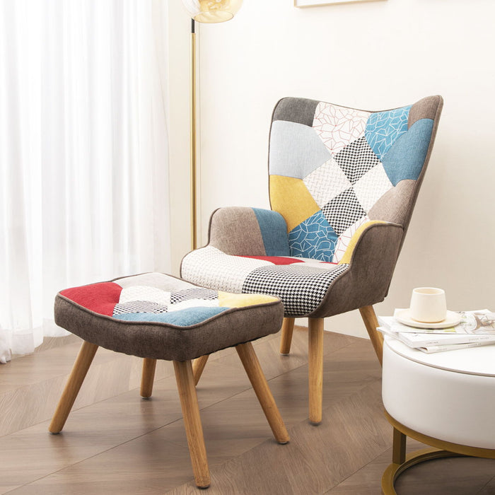 Accent Chair With Ottoman, Living Room Chair And Ottoman Set, Comfy Side Armchair, Creative Splicing Cloth Surface - Colorful