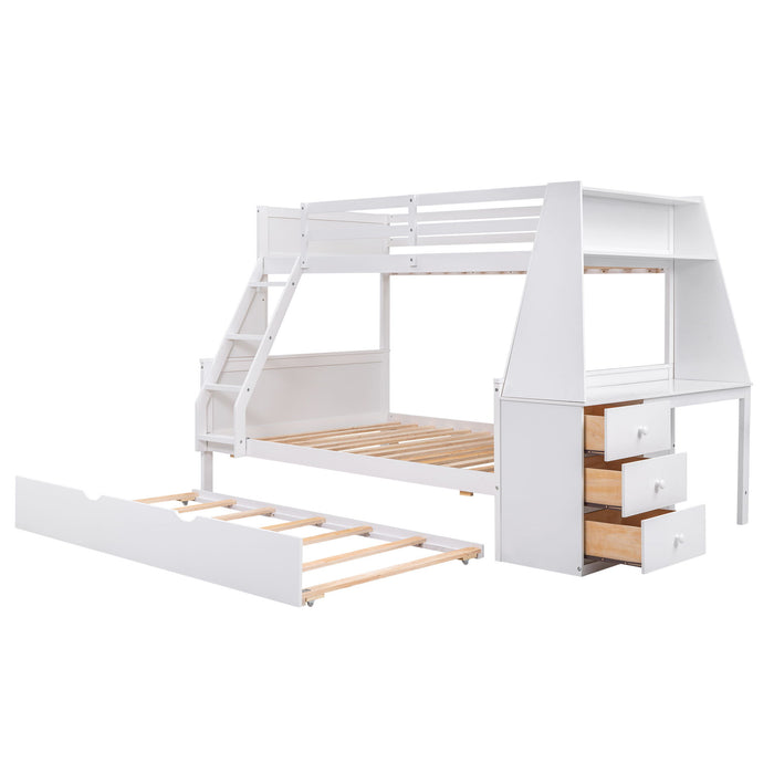 Twin Over Full Bunk Bed With Trundle And Built-In Desk, Three Storage Drawers And Shelf - White