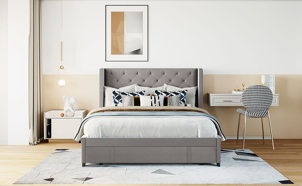 Queen Size Storage Bed Velvet Upholstered Platform Bed With Wingback Headboard And A Big Drawer