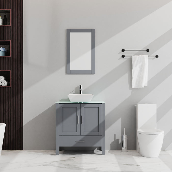 Bathroom Vanity And Sink Combo Glass Top Cabinet With Mirror - Gray