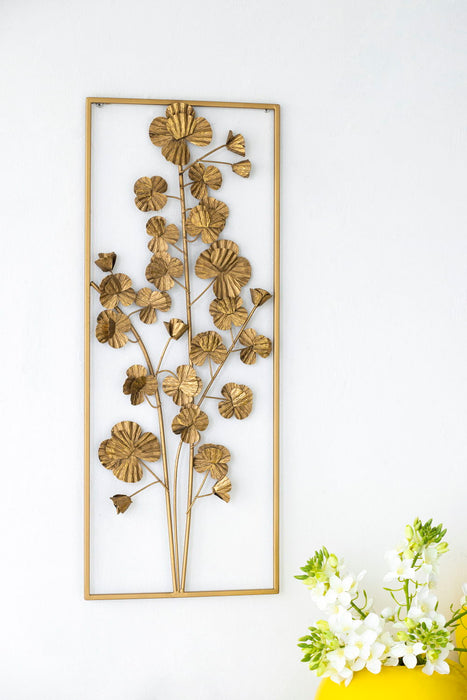 Metal Tree Wall Decor, Vertical Rectangular Flower Wall Accent - Gold