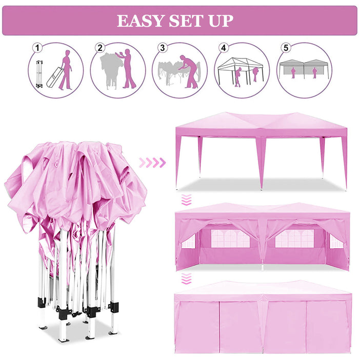 10'X20' Ez Pop Up Canopy Outdoor Portable Party Folding Tent With 6 Removable Sidewalls + Carry Bag + 4 Pieces Weight Bag - Pink