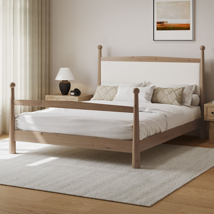 Mid-Century Modern Solid Pine Platform Bed With Upholstered Headboard, No Box Spring Needed