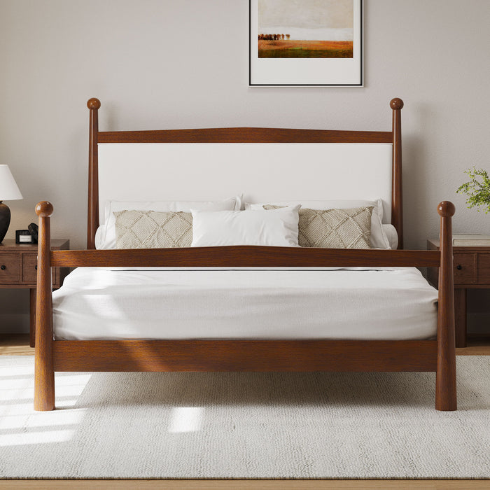 Mid-Century Modern Solid Pine Platform Bed With Upholstered Headboard, No Box Spring Needed