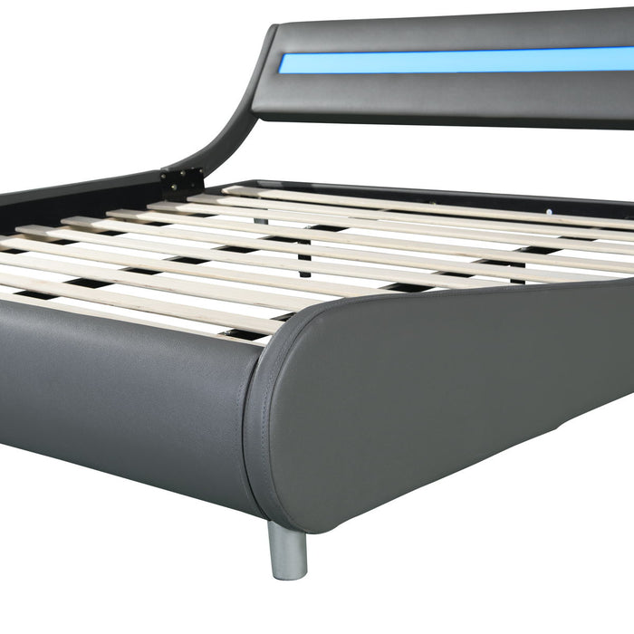 Upholstered Platform Bed Frame With LED Lighting, Curve Design, Wood Slat Support, No Box Spring Needed