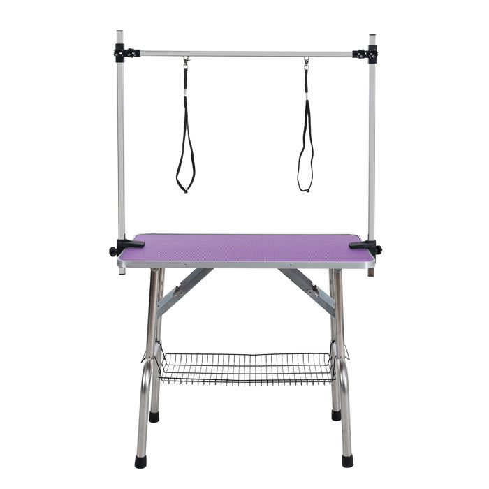 Folding Dog Pet Grooming Table Stainless Steel Frame, Rubber Mat On Board With Adjustable Arm And Clamps Pet Dog Cat Grooming Table - Purple